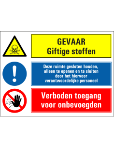 Giftige stoffen, houd ruimte gesloten, verboden toegang onbevoegden sticker, geel blauw rood, rechthoekig