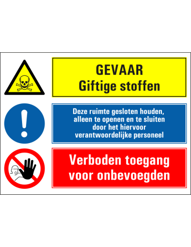Giftige stoffen, houd ruimte gesloten, verboden toegang onbevoegden sticker, geel blauw rood, rechthoekig