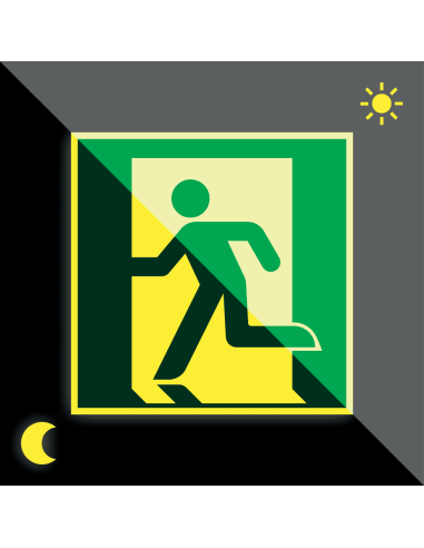 Lichtgevende vloersticker nooduitgang links, 400 x 400 mm, groen, vierkant