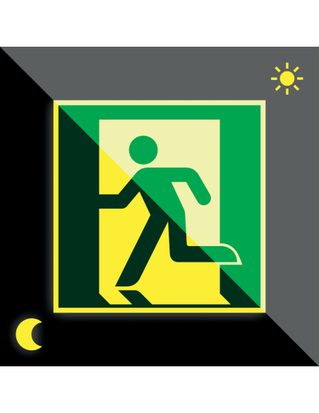 Lichtgevende vloersticker nooduitgang links, 400 x 400 mm, groen, vierkant