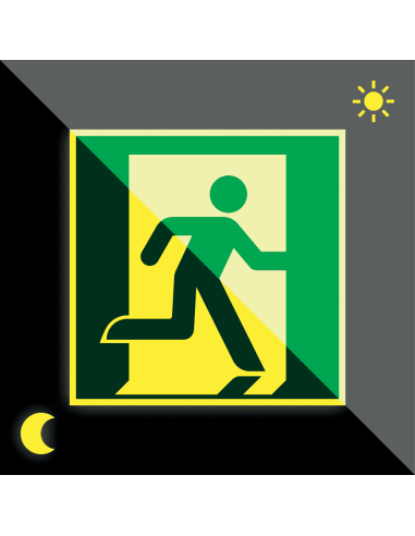 Lichtgevende vloersticker nooduitgang rechts, 400 x 400 mm, groen, vierkant