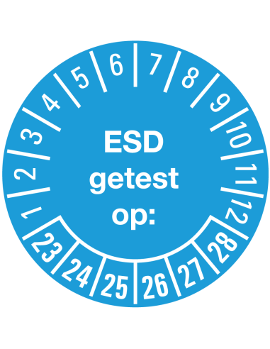 ESD getest op keuringssticker 23-28, op rol, PVC folie, met Nederlandse tekst, jaartallen 2023 tot en met 2028, lichtblauw, rond