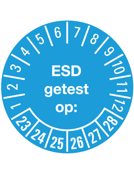 ESD getest op keuringssticker 23-28, op rol, PVC folie, met Nederlandse tekst, jaartallen 2023 tot en met 2028, lichtblauw, rond