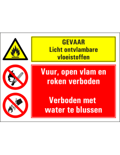 Licht ontvlambare vloeistoffen, vuur open vlam roken en met water blusser verboden bord, geel rood, rechthoekig