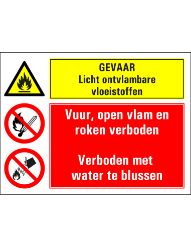 Licht ontvlambare vloeistoffen, vuur open vlam roken en met water blusser verboden bord, geel rood, rechthoekig