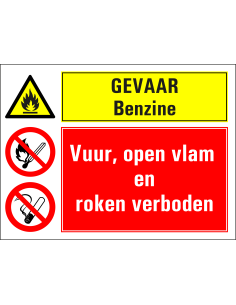 Benzine, vuur open vlam en roken verboden bord, rood geel, rechthoekig