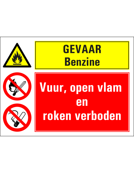 Benzine, vuur open vlam en roken verboden bord, rood geel, rechthoekig