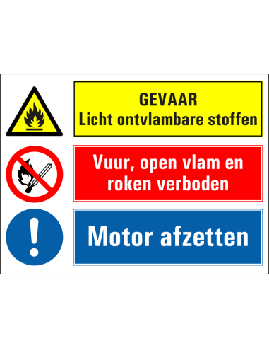 Licht ontvlambare stoffen, vuur open vlam en roken verboden, motor afzetten bord, geel rood blauw, rechthoekig