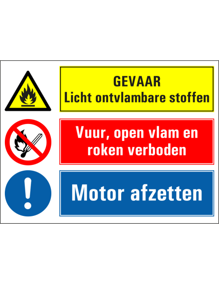 Licht ontvlambare stoffen, vuur open vlam en roken verboden, motor afzetten bord, geel rood blauw, rechthoekig
