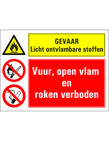 Licht ontvlambare stoffen, vuur open vlam en roken verboden sticker, geel rood, rechthoekig