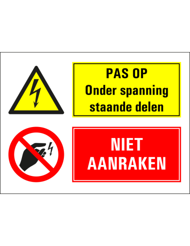 Onder spanning staande delen, niet aanraken bord, geel rood, rechthoekig