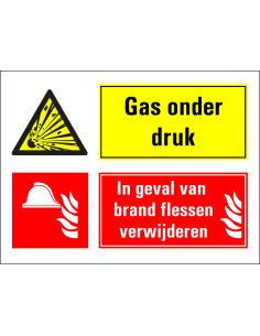 Gassen onder druk, bij brand flessen verwijderen bord, geel rood, rechthoekig