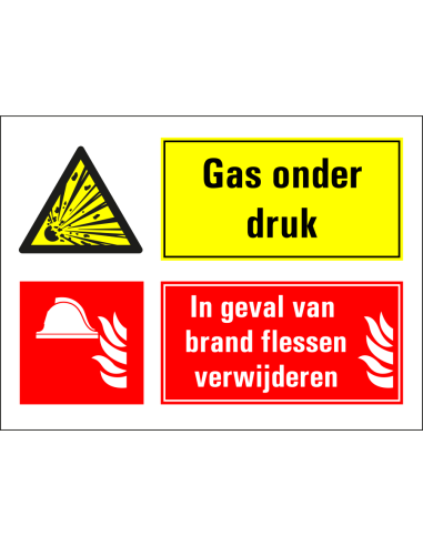 Gassen onder druk, bij brand flessen verwijderen sticker, geel rood, rechthoekig