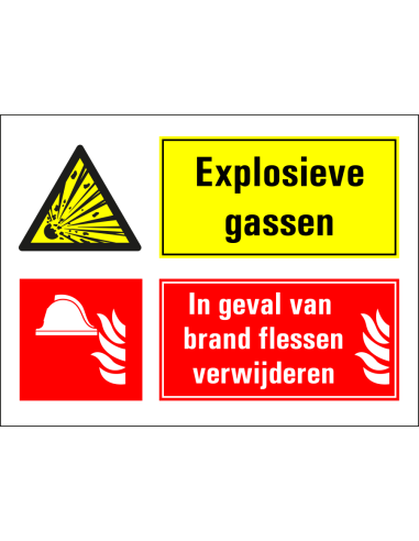 Explosieve stoffen, bij brand flessen verwijderen bord, geel rood, rechthoekig