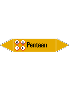 Pentaan leidingmarkering op vel, geel zwart, Nederlandse tekst pentaan, GHS02, GHS07, GHS08 en GHS09 pictogram