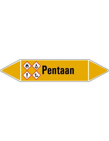 Pentaan leidingmarkering op vel, geel zwart, Nederlandse tekst pentaan, GHS02, GHS07, GHS08 en GHS09 pictogram