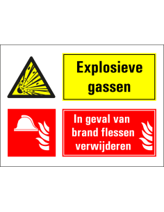 Explosieve stoffen, bij brand flessen verwijderen sticker, geel rood, rechthoekig