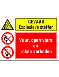 Explosieve stoffen, vuur open vlam en roken verboden sticker, geel rood, rechthoekig