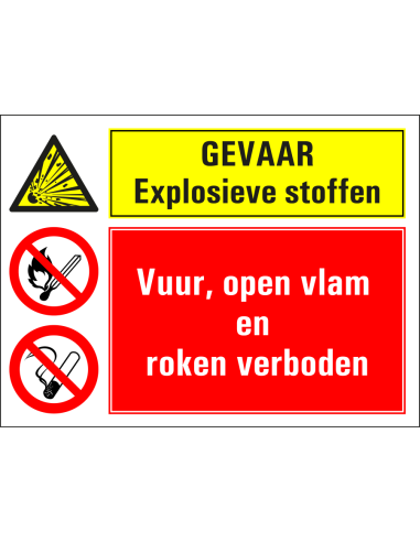 Explosieve stoffen, vuur open vlam en roken verboden sticker, geel rood, rechthoekig