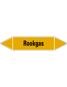 Rookgas leidingmarkering op vel, geel zwart, Nederlandse tekst rookgas, stroomrichting leiding gas