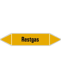 Restgas leidingmarkering op vel, geel zwart, Nederlandse tekst restgas, stroomrichting leiding gas
