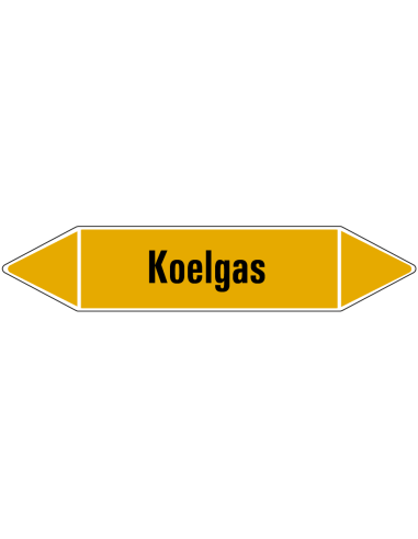 Koelgas leidingmarkering op vel, geel zwart, Nederlandse tekst koelgas, stroomrichting leiding gas