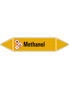 Methanol leidingmarkering op vel, geel zwart, Nederlandse tekst methanol, GHS02, GHS06 en GHS08, leidingmarkering gassen