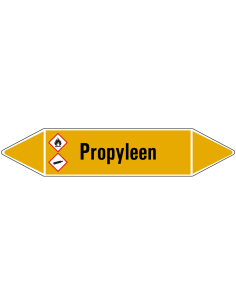 Propyleen leidingmarkering op vel, geel zwart, Nederlandse tekst propyleen, stroomrichting leiding gas, GHS04 en GHS02 pictogram
