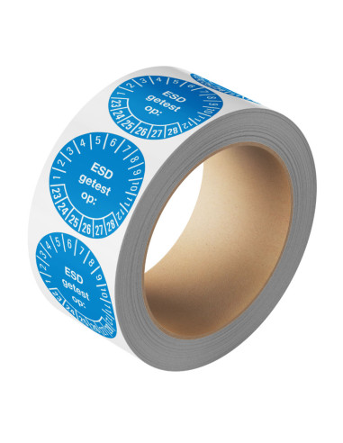 ESD getest op keuringssticker 23-28, op rol, PVC folie, met Nederlandse tekst, jaartallen 2023 tot en met 2028, lichtblauw, rond