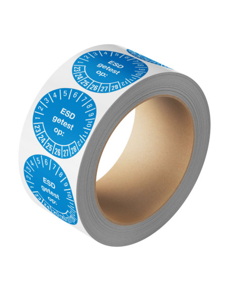 ESD getest op keuringssticker 23-28, op rol, PVC folie, met Nederlandse tekst, jaartallen 2023 tot en met 2028, lichtblauw, rond