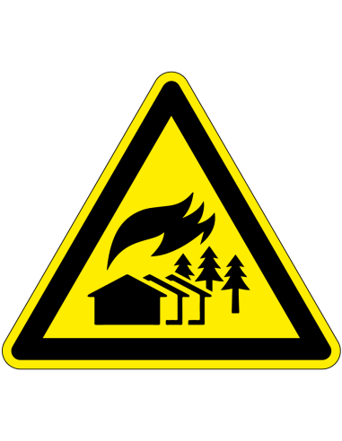 Waarschuwingssticker grootschalig brandgebied, W073 geel zwart, brandende huizen en bomen symbool, driehoek