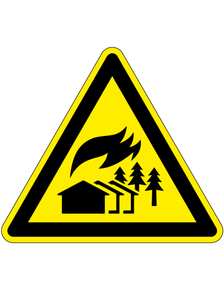 Waarschuwingssticker grootschalig brandgebied, W073 geel zwart, brandende huizen en bomen symbool, driehoek