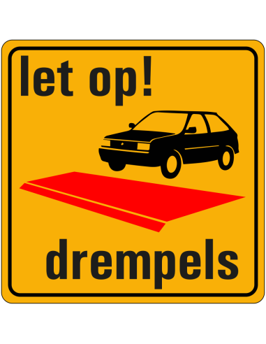 Let op drempels sticker, vierkant, geel zwart rood, symbool let op drempels