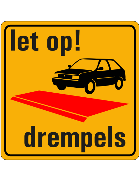 Let op drempels bord, vierkant, geel zwart rood, symbool let op drempels