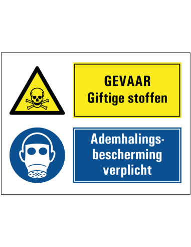 Gevaar giftige stoffen, ademhalingsbescherming verplicht sticker, geel blauw, rechthoekig