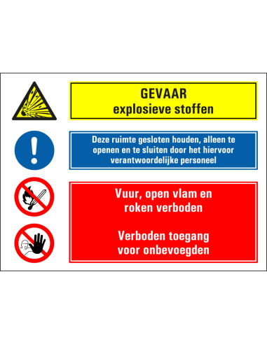 Explosieve stoffen, houd ruimte gesloten, verboden toegang onbevoegden sticker, geel blauw rood