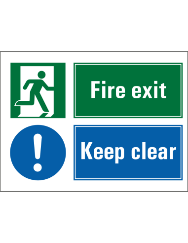 Fire exit, keep clear sticker, groen blauw, tekst fire exit keep clear, rechthoekig