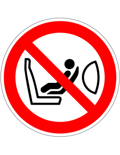 Kinderzitje verboden sticker, P074, ISO 7010, rood wit, rond, kinderzitje symbool en autostoel