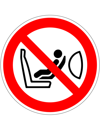 Kinderzitje verboden sticker, P074, ISO 7010, rood wit, rond, kinderzitje symbool en autostoel