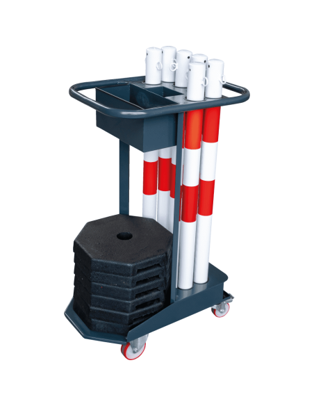 Trolley met set stalen afzetpalen, rood wit
