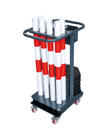 Trolley met set stalen afzetpalen, rood wit