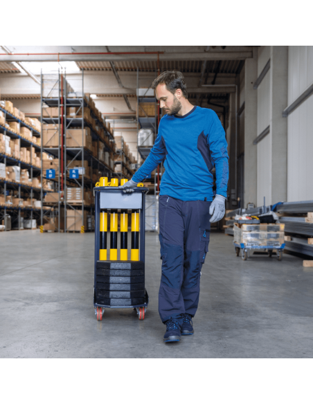 Trolley met set stalen afzetpalen, geel zwart