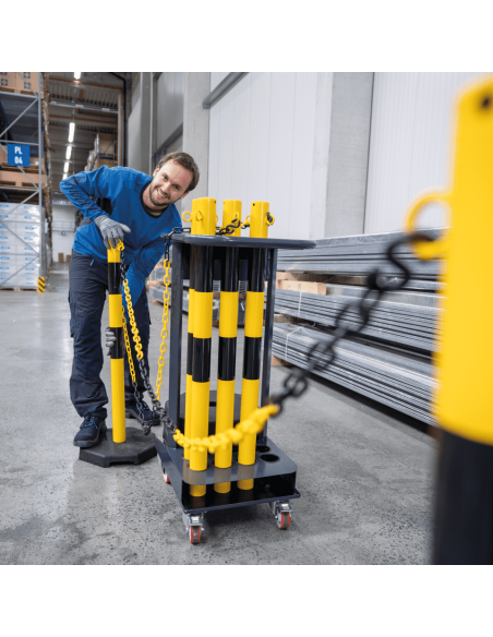 Trolley met set kunststof afzetpalen, geel zwart
