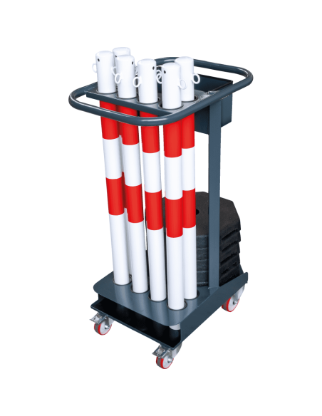 Trolley met set kunststof afzetpalen, rood wit