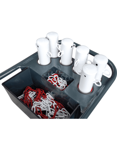 Trolley met set kunststof afzetpalen, rood wit