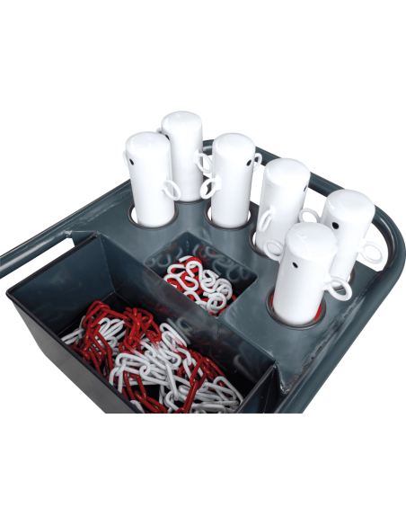 Trolley met set kunststof afzetpalen, rood wit