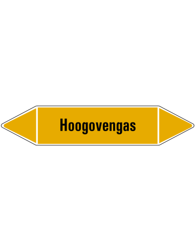Hoogovengas leidingmarkering op vel, geel zwart, Nederlandse tekst hoogovengas, stroomrichting leiding gas