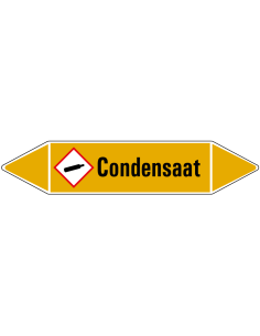 Condensaat leidingmarkering op vel, geel zwart, Nederlandse tekst condensaat, stroomrichting leiding gas, GHS04