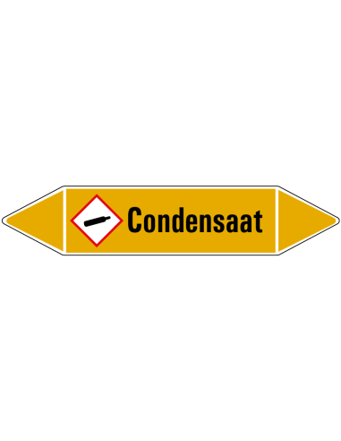 Condensaat leidingmarkering op vel, geel zwart, Nederlandse tekst condensaat, stroomrichting leiding gas, GHS04
