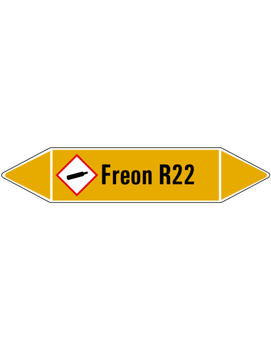 Freon R22 leidingmarkering op vel, geel zwart, Nederlandse tekst Freon R22, stroomrichting leiding gas, GHS04